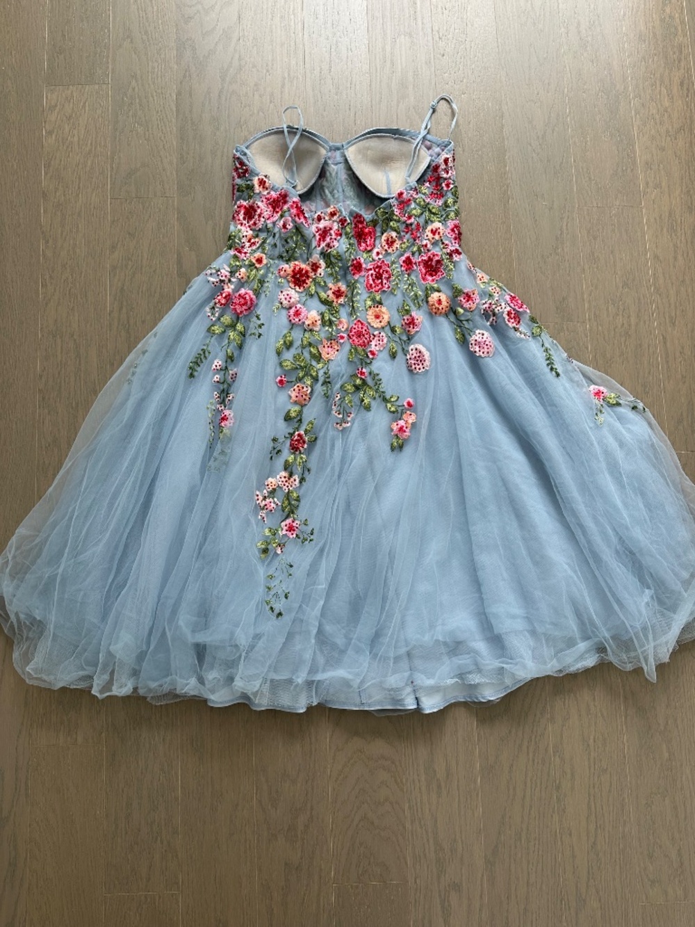 Ieena for Mac Duggal Powder Blue Tulle Midi Dress Embroidered Roses Bustier - 14 - Picture 3 of 11